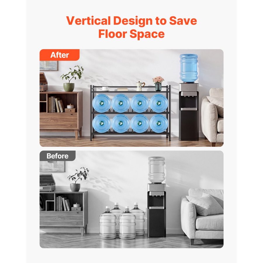 VEVOR Water Jug Holder, 3 Tiers 4 Rows 11 L and 19 L Water Bottle Holder for 8 Bottles, Heavy Duty Jug Rack Organizer with Storage Shelf, Angled Design, for Kitchen, Office, Living Room, Black