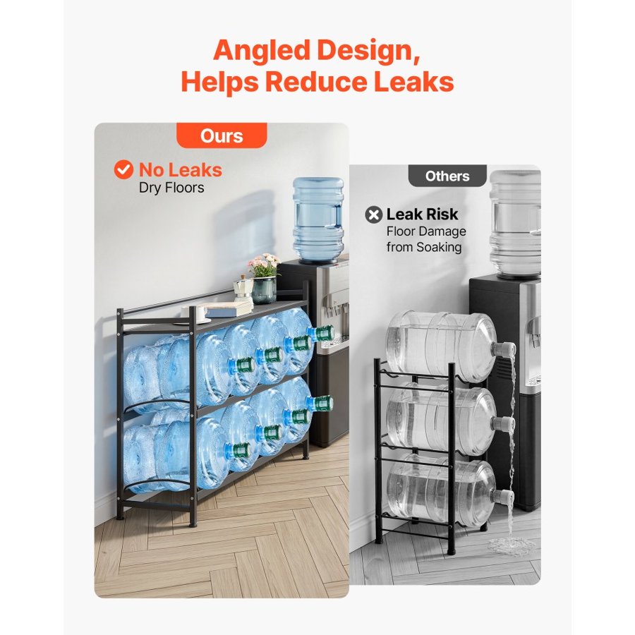 VEVOR Water Jug Holder, 3 Tiers 4 Rows 11 L and 19 L Water Bottle Holder for 8 Bottles, Heavy Duty Jug Rack Organizer with Storage Shelf, Angled Design, for Kitchen, Office, Living Room, Black