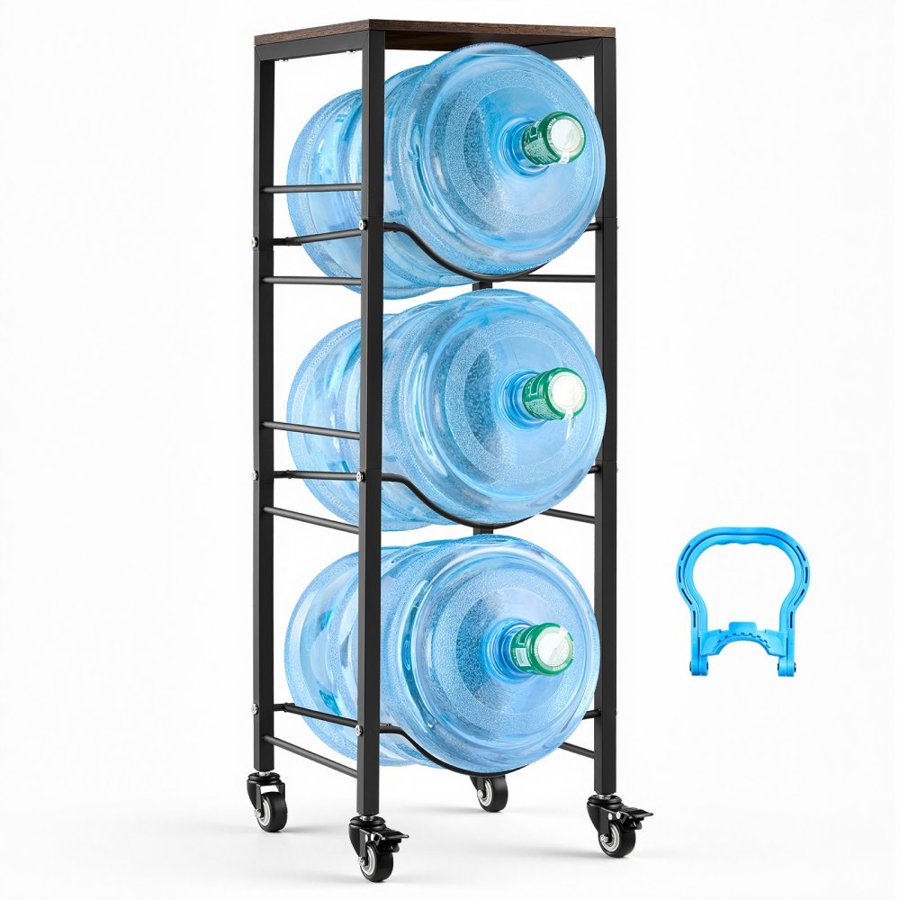 VEVOR Water Jug Holder, 4 Tiers 11 L and 19 L Water Bottle Holder for 3 Bottles, Heavy Duty Jug Rack Organizer with Storage Shelf and Casters, for Kitchen, Office, Living Room, Black and Brown