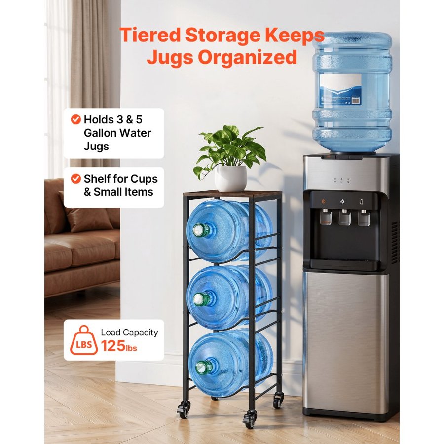 VEVOR Water Jug Holder, 4 Tiers 11 L and 19 L Water Bottle Holder for 3 Bottles, Heavy Duty Jug Rack Organizer with Storage Shelf and Casters, for Kitchen, Office, Living Room, Black and Brown