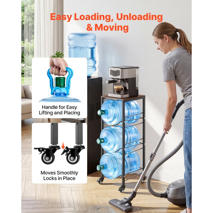 VEVOR Water Jug Holder, 4 Tiers 11 L and 19 L Water Bottle Holder for 3 Bottles, Heavy Duty Jug Rack Organizer with Storage Shelf and Casters, for Kitchen, Office, Living Room, Black and Brown