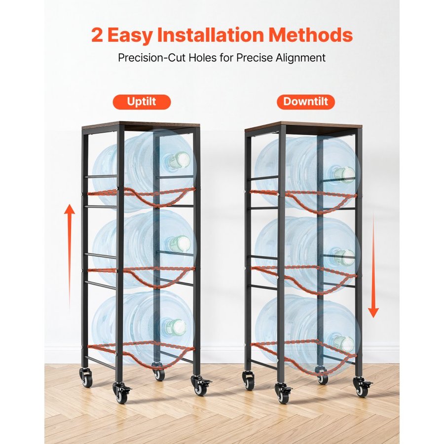 VEVOR Water Jug Holder, 4 Tiers 11 L and 19 L Water Bottle Holder for 3 Bottles, Heavy Duty Jug Rack Organizer with Storage Shelf and Casters, for Kitchen, Office, Living Room, Black and Brown