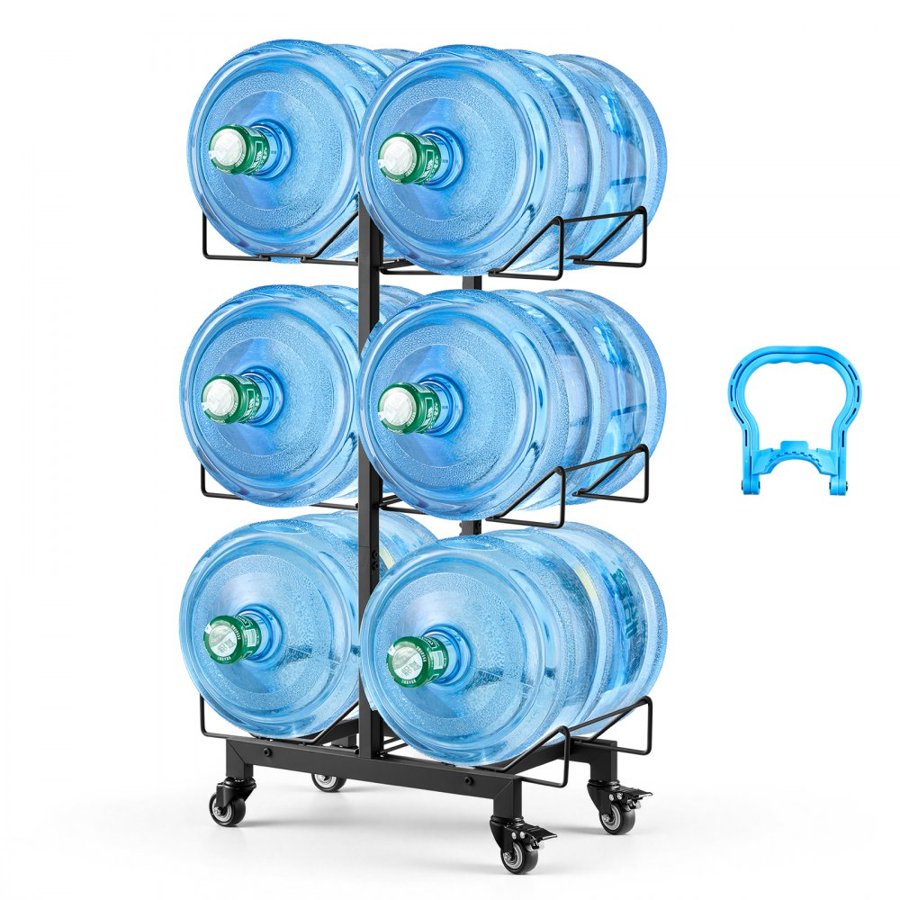 VEVOR Water Jug Holder, 3 Tiers Double Rows 11 L and 19 L Water Bottle Holder for 6 Bottles, Heavy Duty Jug Rack Organizer with Casters and Handles, Foldable for Kitchen, Office, Living Room, Black