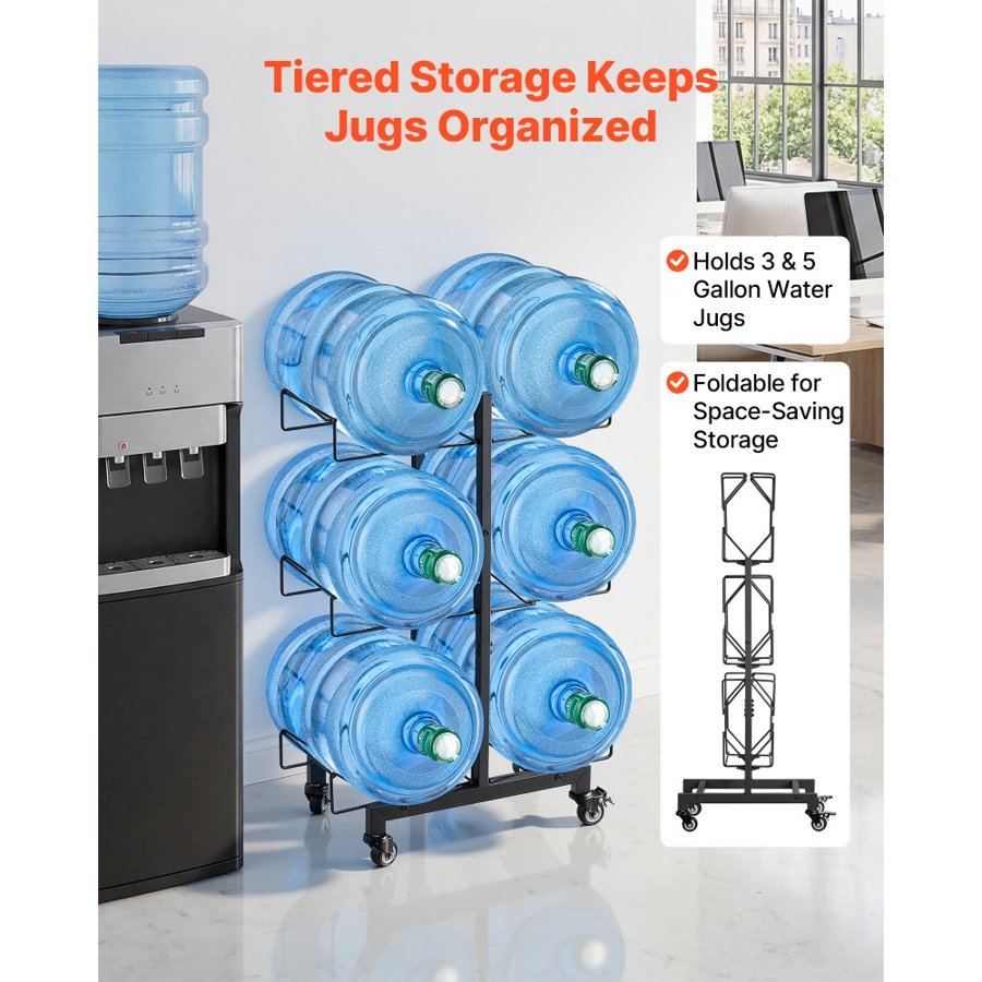 VEVOR Water Jug Holder, 3 Tiers Double Rows 11 L and 19 L Water Bottle Holder for 6 Bottles, Heavy Duty Jug Rack Organizer with Casters and Handles, Foldable for Kitchen, Office, Living Room, Black