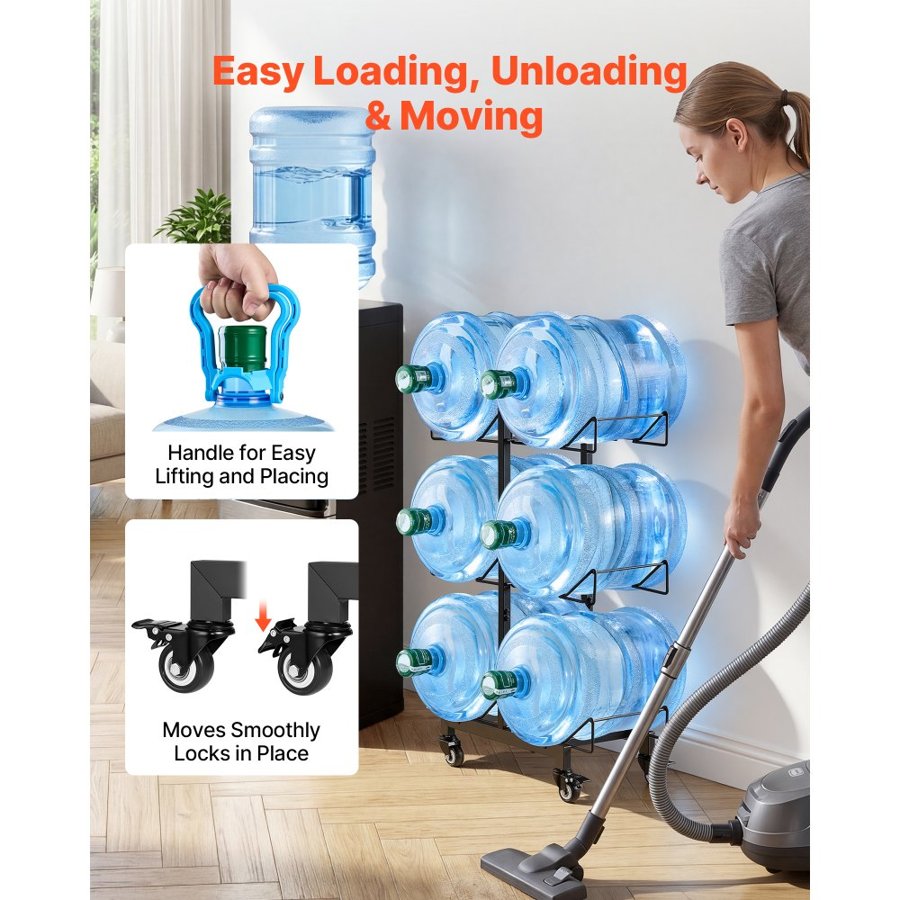 VEVOR Water Jug Holder, 3 Tiers Double Rows 11 L and 19 L Water Bottle Holder for 6 Bottles, Heavy Duty Jug Rack Organizer with Casters and Handles, Foldable for Kitchen, Office, Living Room, Black