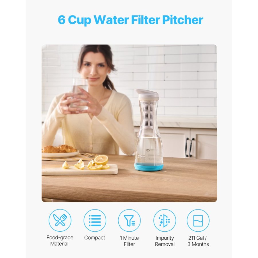 VEVOR Water Filter Pitcher, 6 Cup Glass Water Filter Dispenser, Fast & Compact Fridge-friendly Water Filtration System, No BPA, Lasts 3 Months or 211 Gallons, Reduces Chlorine, Rust, Odors, PFOA/PFOS
