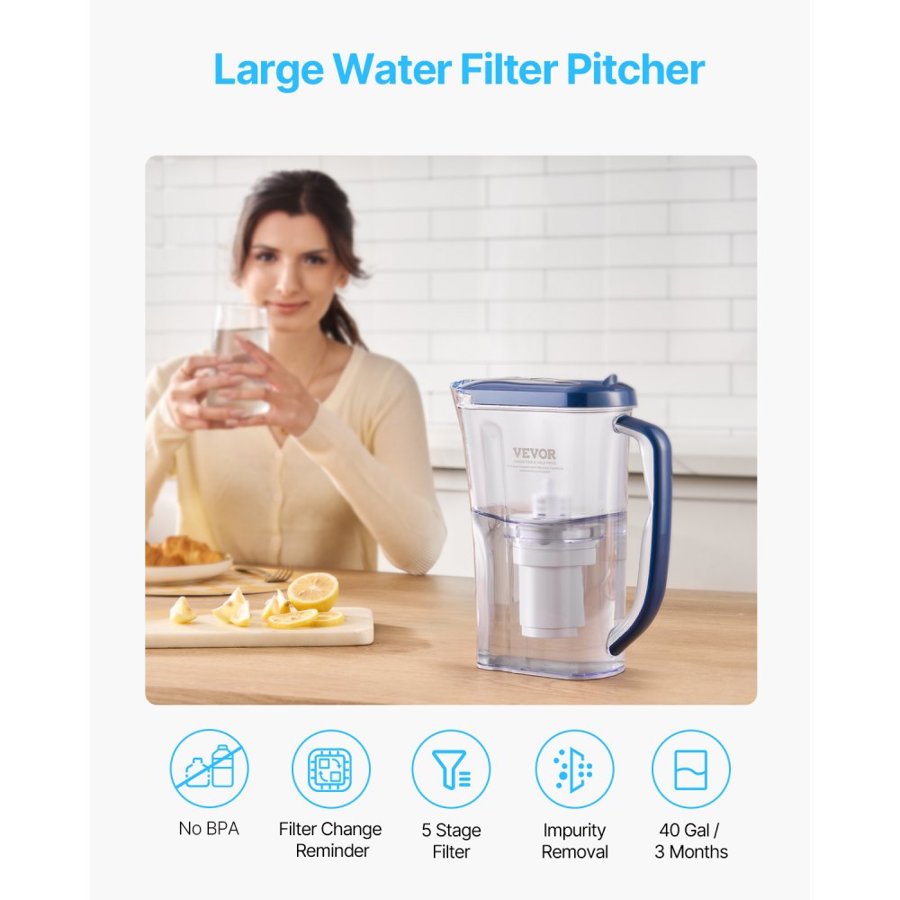 VEVOR Water Filter Pitcher, 9 Cup 5-stage Water Filter Dispenser, Fast Filtration System with Filter Change Indicator, No BPA, Lasts 3 Months or 40 Gallons, Reduces Limescale, Lead, Chlorine, Odors