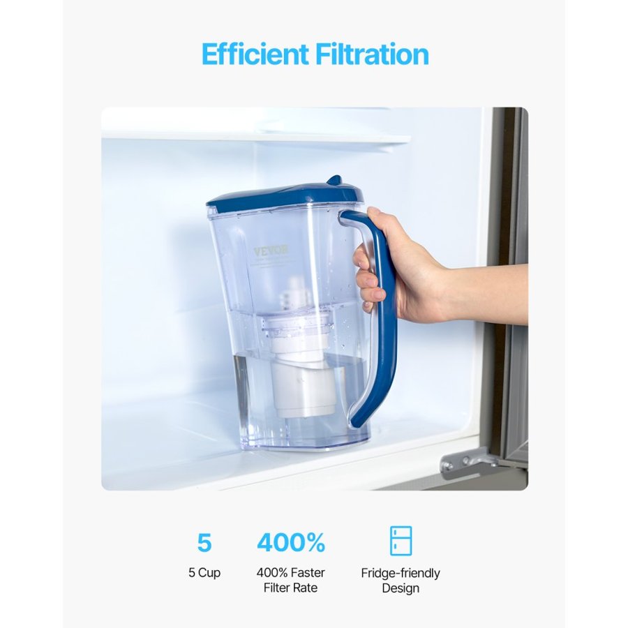 VEVOR Water Filter Pitcher, 9 Cup 5-stage Water Filter Dispenser, Fast Filtration System with Filter Change Indicator, No BPA, Lasts 3 Months or 40 Gallons, Reduces Limescale, Lead, Chlorine, Odors