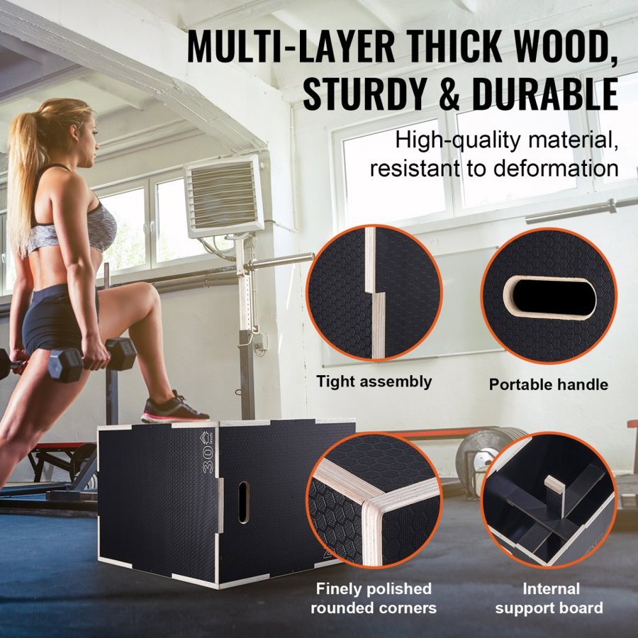 VEVOR 3 in 1 Plyometric Jump Box, 30/24/20 Inch Wooden Plyo Box, Platform & Jumping Agility Box, Anti-Slip Fitness Exercise Step Up Box for Home Gym Training, Conditioning Strength Training, Black