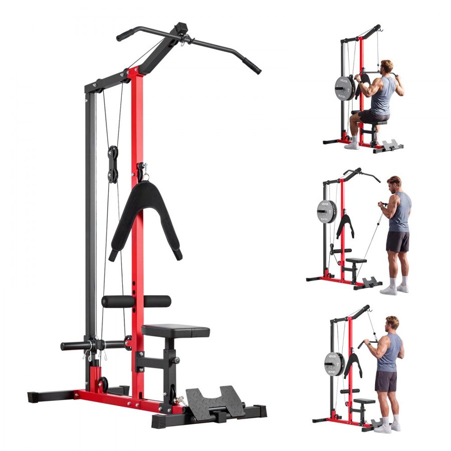 VEVOR LAT Pull Down Machine, 3-in-1 Row Cable Machine, Cable Machines Home Gym with 3-Level Adjustable Seat, 4-Level Adjustable Foam Roller, Load 181kg Lat Tower for Back, Chest, Tricep, Black