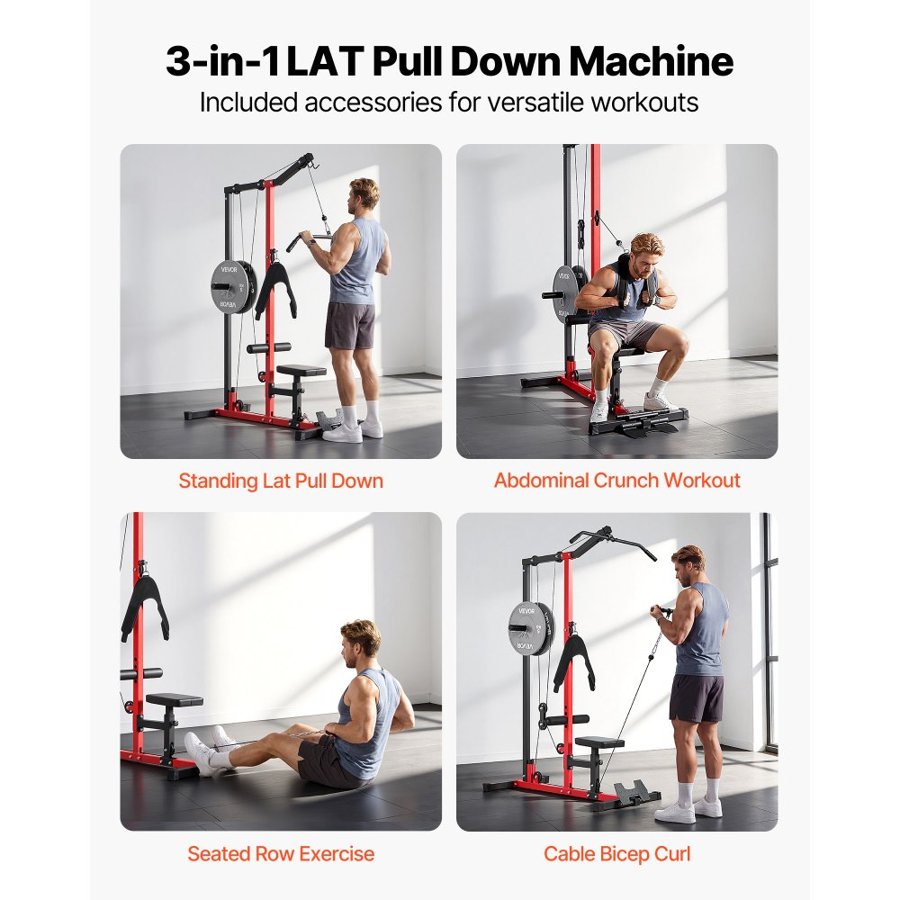 VEVOR LAT Pull Down Machine, 3-in-1 Row Cable Machine, Cable Machines Home Gym with 3-Level Adjustable Seat, 4-Level Adjustable Foam Roller, Load 181kg Lat Tower for Back, Chest, Tricep, Black