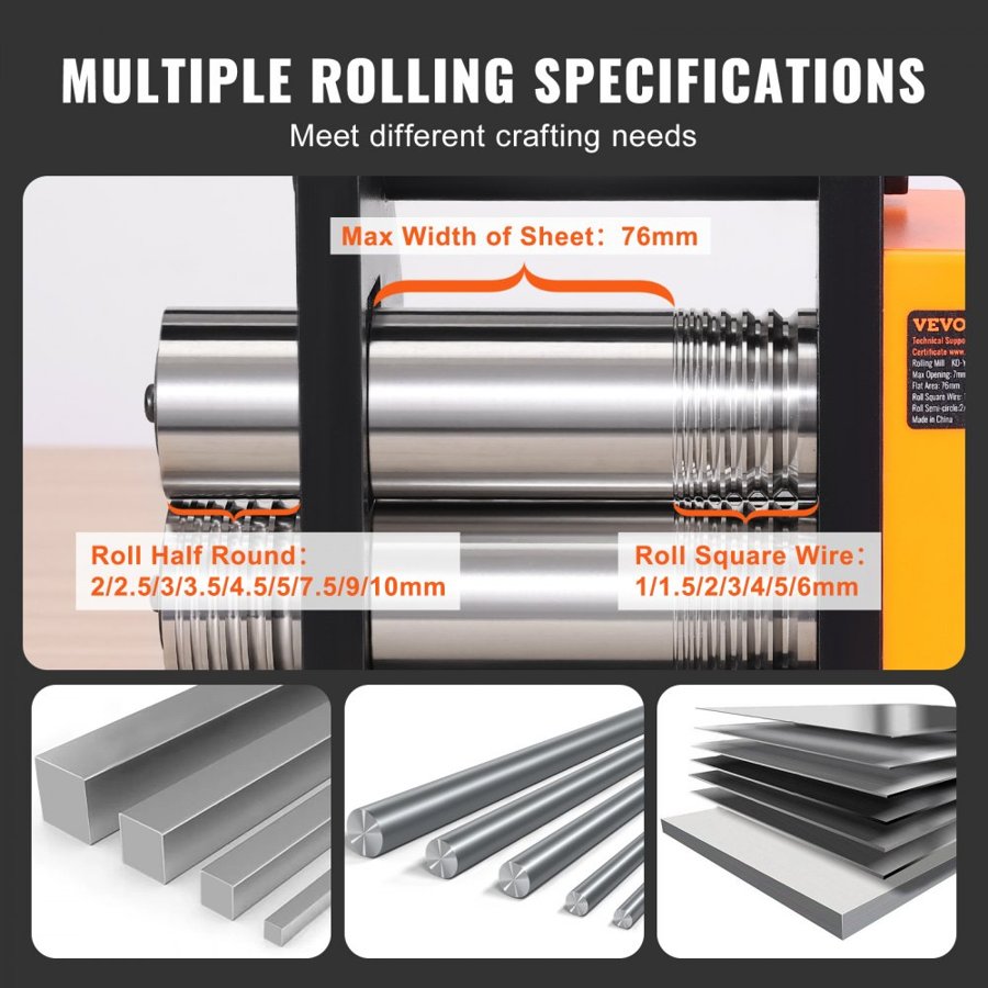 VEVOR Rolling Mill, 3"/76 mm Jewelry Rolling Mill Machine, 1: 2 Gear Ratio, 3-in-1 Multi-function Rolling Mill, 0.1-7mm Press Thickness for Metal Jewelry Making Sheet Square Wire Semicircle Pattern