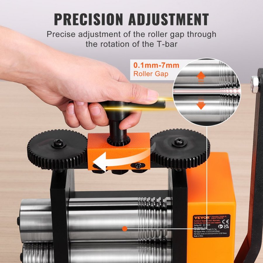 VEVOR Rolling Mill, 3"/76 mm Jewelry Rolling Mill Machine, 1: 2 Gear Ratio, 3-in-1 Multi-function Rolling Mill, 0.1-7mm Press Thickness for Metal Jewelry Making Sheet Square Wire Semicircle Pattern