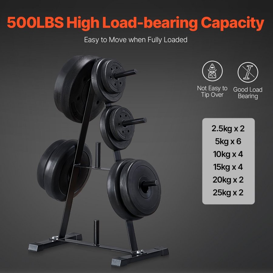 VEVOR Weight Plate Rack, A Frame Weight Plate Tree for 1-Inch Weight Plates, Standard Weight Plate Tree, 500 lbs Load Capacity Weight Storage Holder, Home Gym Barbell Rack Storage Stand, Black