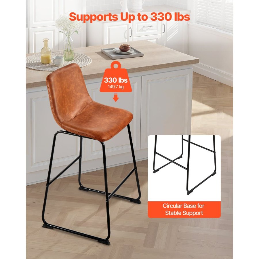 VEVOR Bar Stool Set of 4, 65cm Counter Height Stools, Modern PU Leather Counter Barstool with Backrest, Metal Legs, Easy Assembly Armless Bar Chair, Island Barstool for Kitchen, Dining Room, Brown