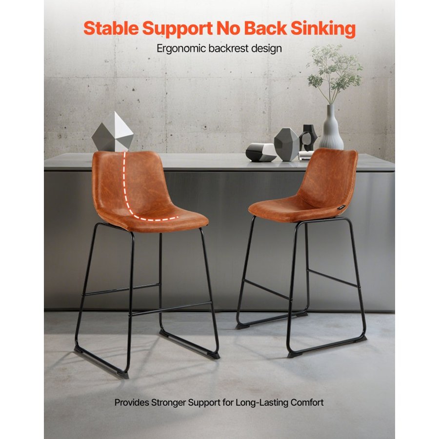 VEVOR Bar Stool Set of 4, 65cm Counter Height Stools, Modern PU Leather Counter Barstool with Backrest, Metal Legs, Easy Assembly Armless Bar Chair, Island Barstool for Kitchen, Dining Room, Brown