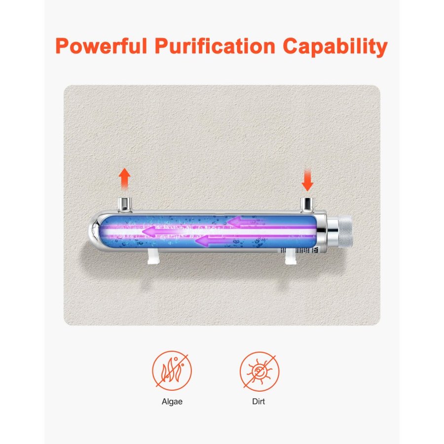 VEVOR UV Water Purifier, 12W 1GPM, 220V Versatile Ultraviolet Water Purifier Filter with Stainless Steel Housing, Whole House UV Water Filter with Quartz Sleeve Fit for Shower/Drinking/Cleaning