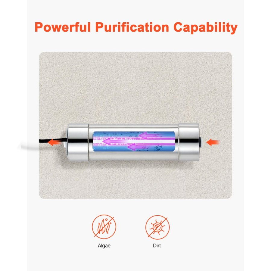 VEVOR UV Water Purifier, 8W 1GPM, 220V Versatile Ultraviolet Water Purifier Filter with Stainless Steel Housing, Whole House UV Water Filter with Quartz Sleeve Fit for Shower/Drinking/Cleaning