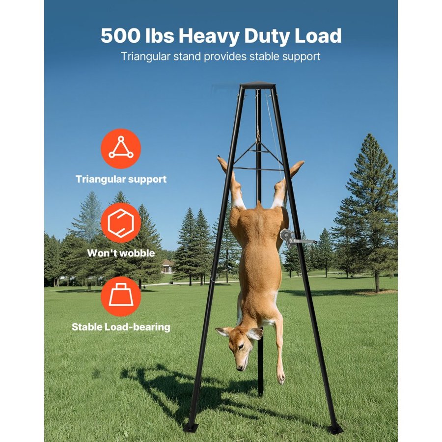 VEVOR Tripod Deer Hoist, 500 lbs Load Capacity, Hunting Game Hoist Winch Lift with Gambrel & Manual Winch, Hunting Game Skinning and Cleaning Accessory for Cleaning, Skinning, and Moving, Black