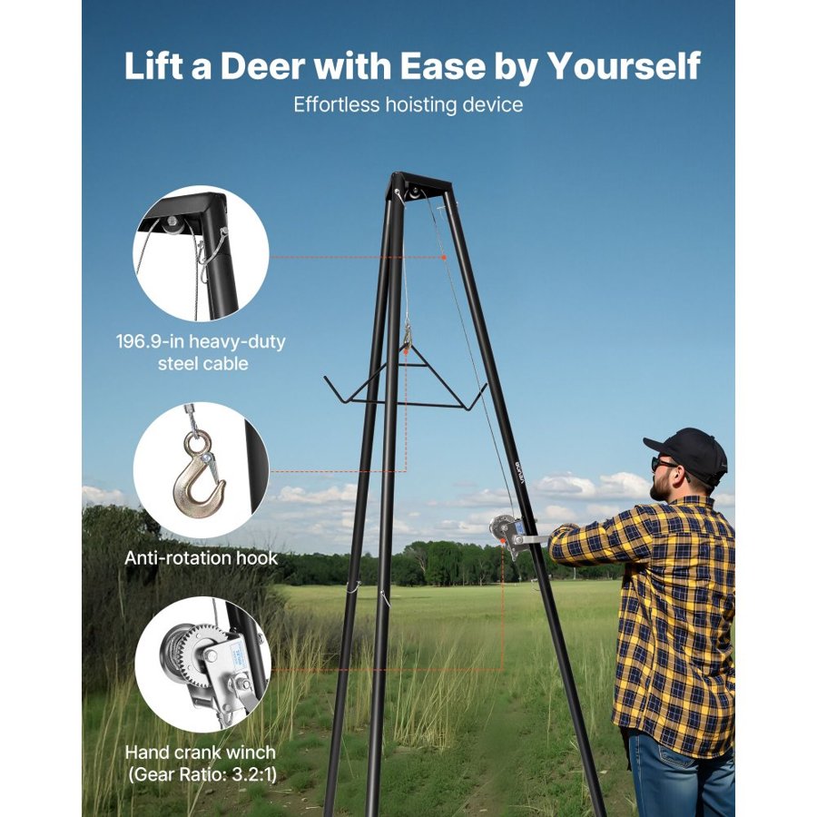 VEVOR Tripod Deer Hoist, 500 lbs Load Capacity, Hunting Game Hoist Winch Lift with Gambrel & Manual Winch, Hunting Game Skinning and Cleaning Accessory for Cleaning, Skinning, and Moving, Black