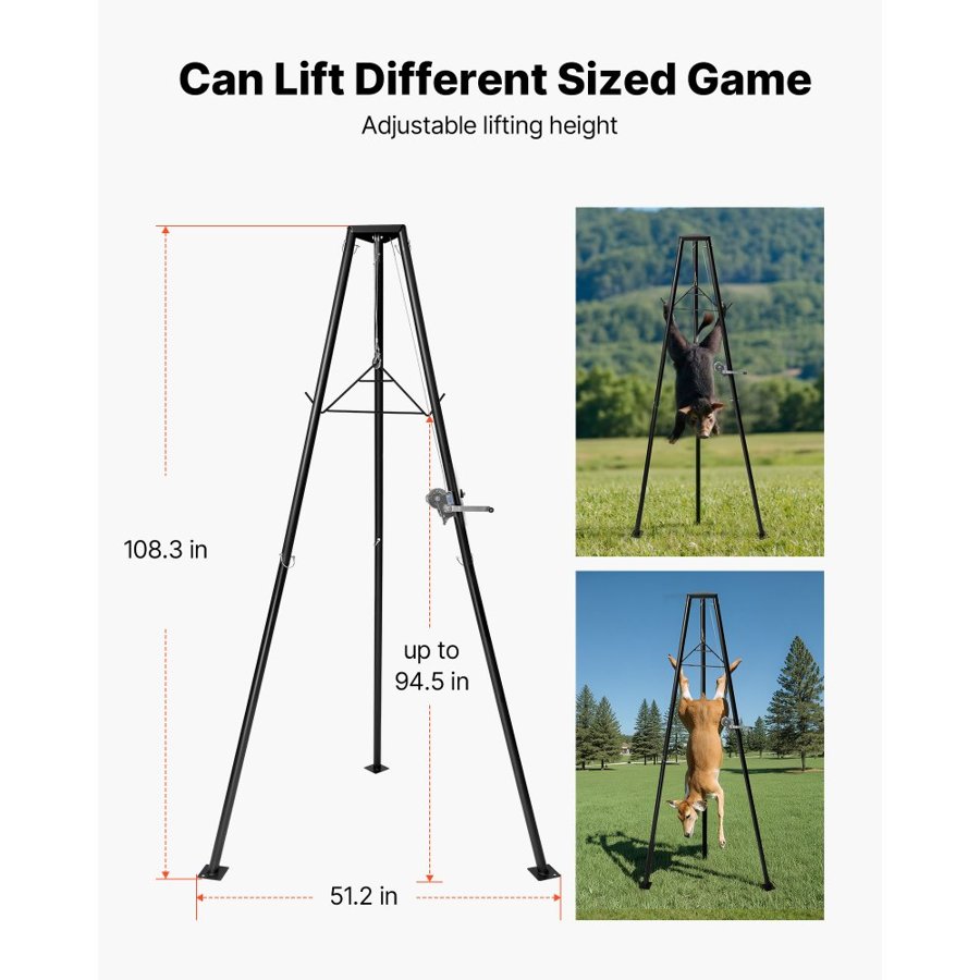 VEVOR Tripod Deer Hoist, 500 lbs Load Capacity, Hunting Game Hoist Winch Lift with Gambrel & Manual Winch, Hunting Game Skinning and Cleaning Accessory for Cleaning, Skinning, and Moving, Black