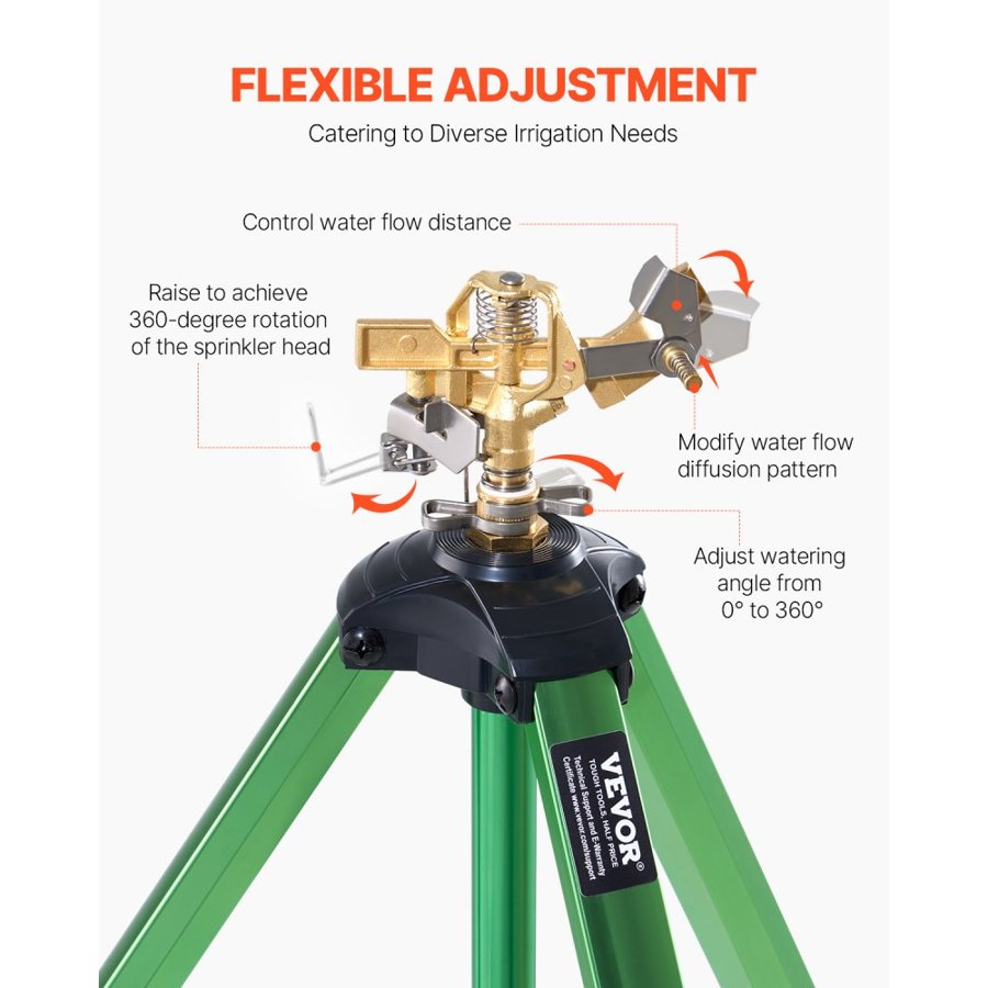 VEVOR Impact Sprinkler on Tripod Base, 2 Packs, Heavy Duty Tripod Sprinklers with Brass Head & G3/4" Connector, 360 Degree Large Area Irrigation Sprinkler, Adjustable Heights Sprinkler for Yard
