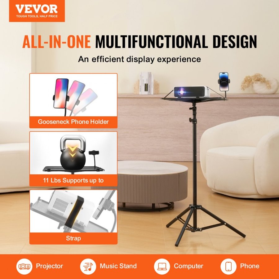 VEVOR Laptop Projector Stand – 26.97"–63", Adjustable Tripod