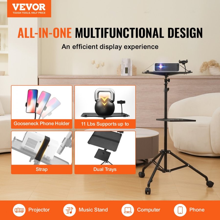 VEVOR Projector Stand With Wheels – 31.3 to 67.3", 2 Trays