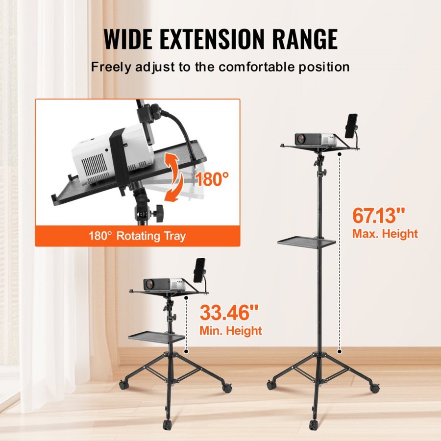 VEVOR Projector Stand With Wheels – 31.3 to 67.3", 2 Trays