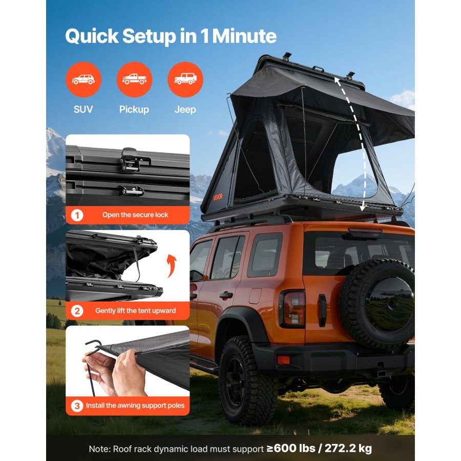 VEVOR Aluminum Hard Shell Rooftop Tent – 2-3 Person, 3000MM