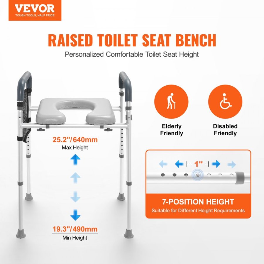 VEVOR Raised Toilet Seat, 7-Position Height Adjustment 490 - 640 mm, 158.7 kg Weight Capacity, with Comfort Padded Aluminum Frame, Universal Toilet Seat Riser, for Elderly, Handicap, Pregnant, Medical