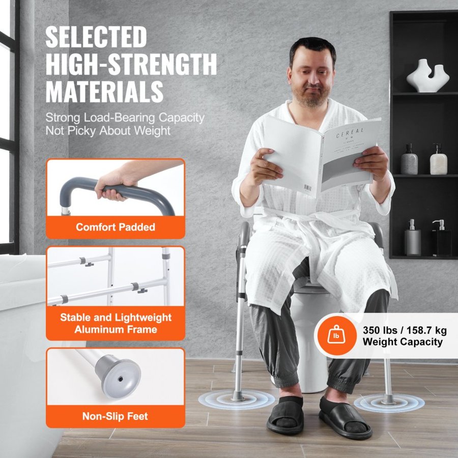 VEVOR Raised Toilet Seat, 7-Position Height Adjustment 490 - 640 mm, 158.7 kg Weight Capacity, with Comfort Padded Aluminum Frame, Universal Toilet Seat Riser, for Elderly, Handicap, Pregnant, Medical