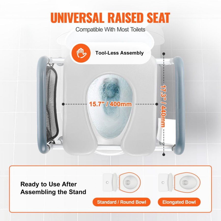 VEVOR Raised Toilet Seat, 7-Position Height Adjustment 490 - 640 mm, 158.7 kg Weight Capacity, with Comfort Padded Aluminum Frame, Universal Toilet Seat Riser, for Elderly, Handicap, Pregnant, Medical