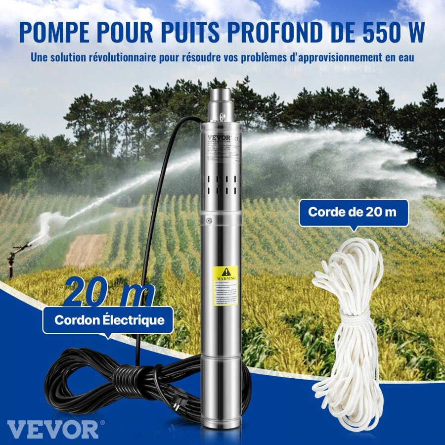 VEVOR Deep Well Submersible Pump – 550W, 108 m Head, IP68