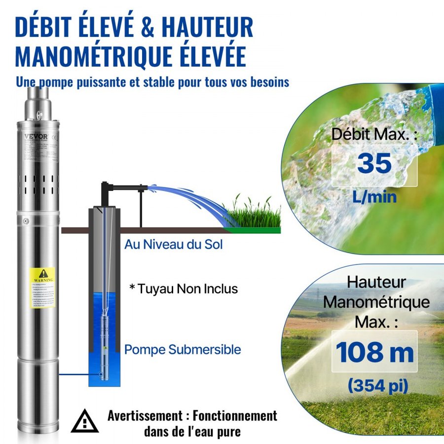 VEVOR Deep Well Submersible Pump – 550W, 108 m Head, IP68