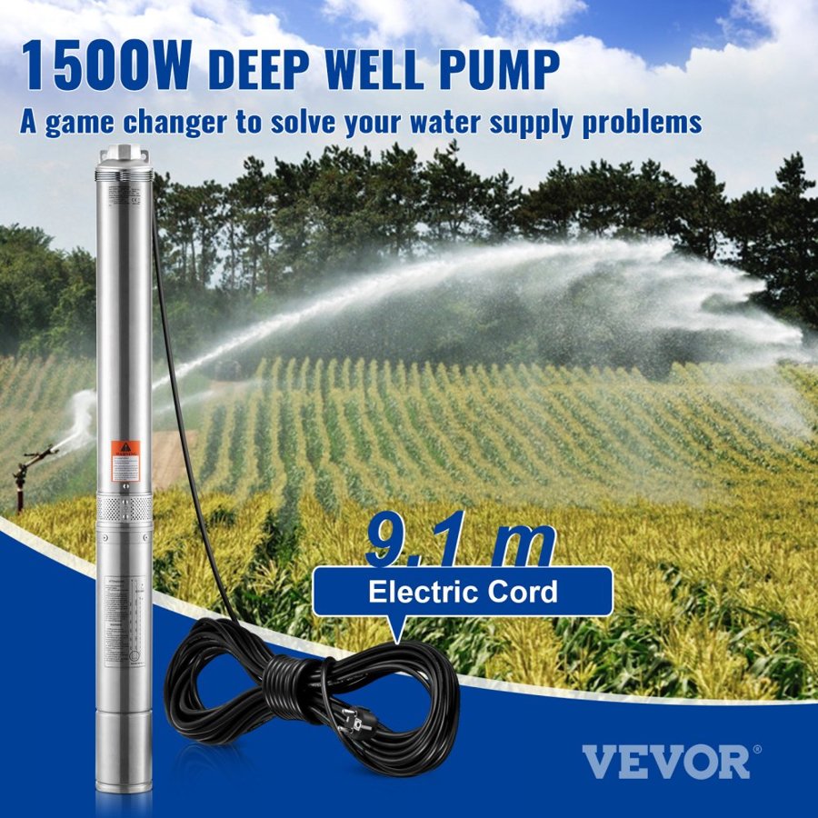 VEVOR Submersible Deep Well Pump – 1500W, 108 m Head, IP68