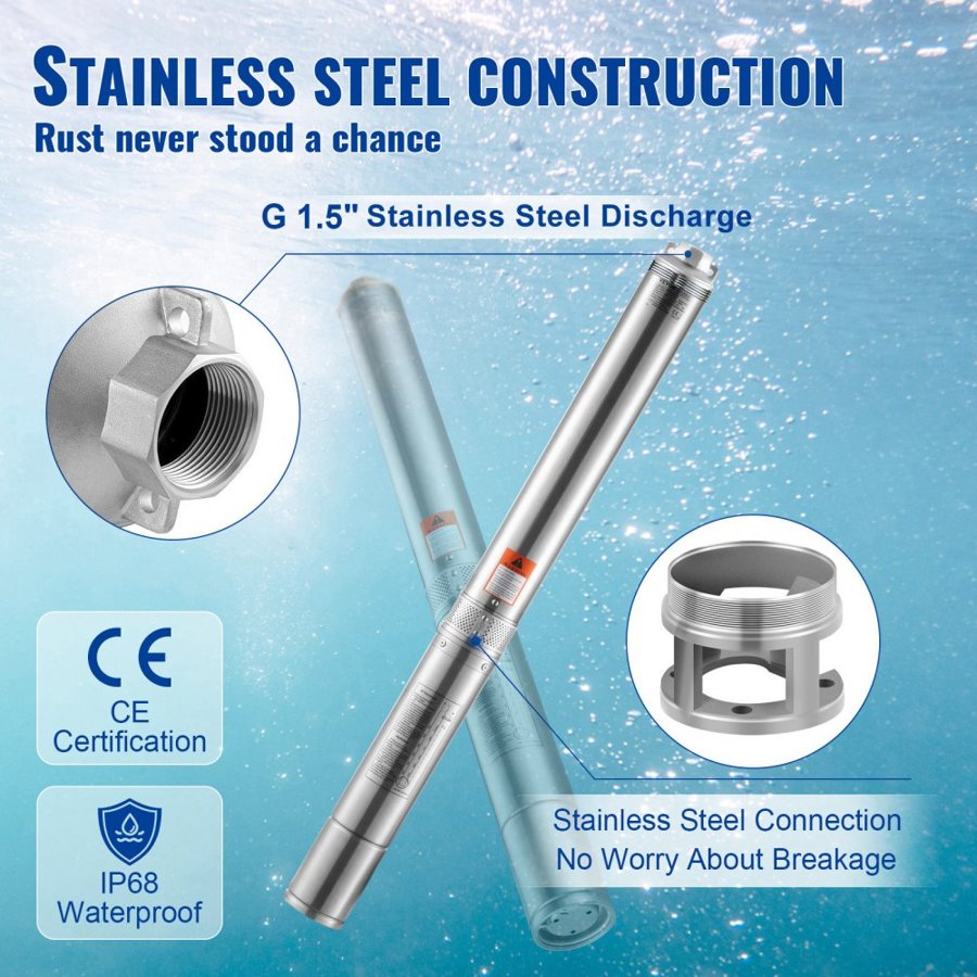 VEVOR Submersible Deep Well Pump – 1500W, 108 m Head, IP68