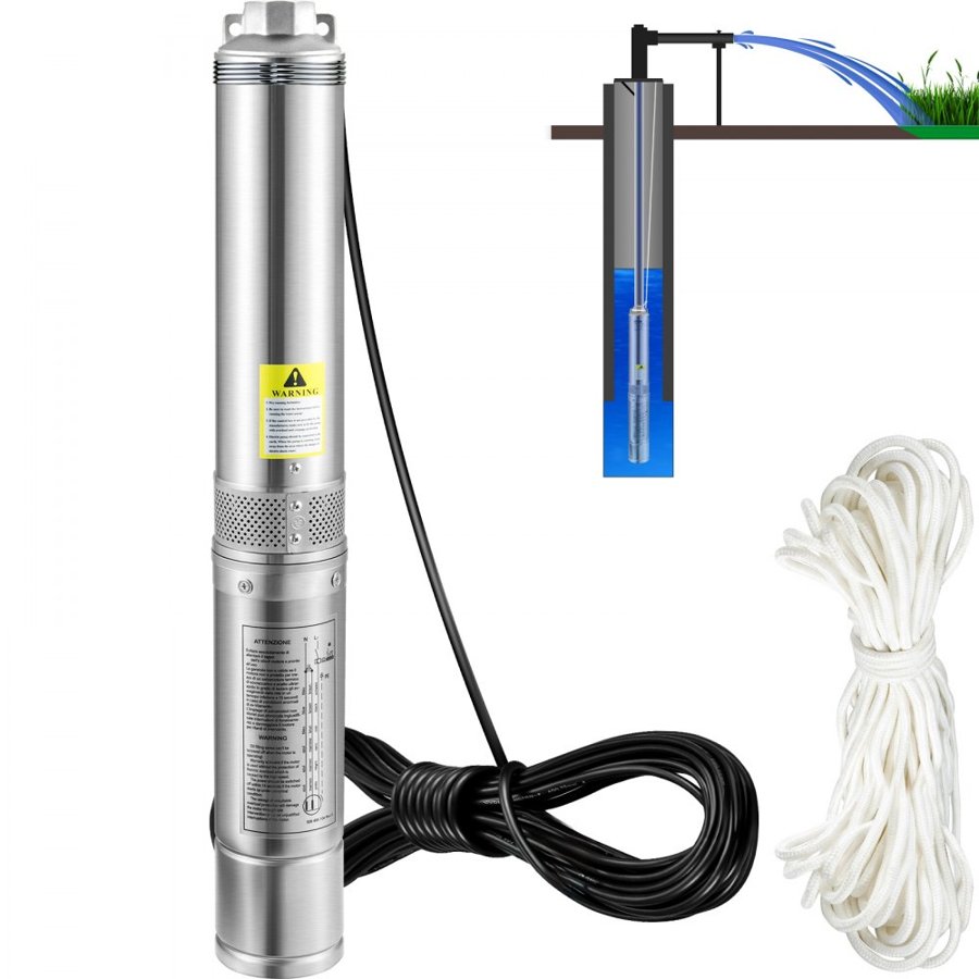 VEVOR Deep Well Submersible Pump, 750W 230V/50Hz, 100L/min 66 m Head Sand Resistant <5%, 20 m Electric Cord, 7.6 cm Stainless Steel Water Pumps for Industrial, Irrigation & Home Use, IP68 Waterproof