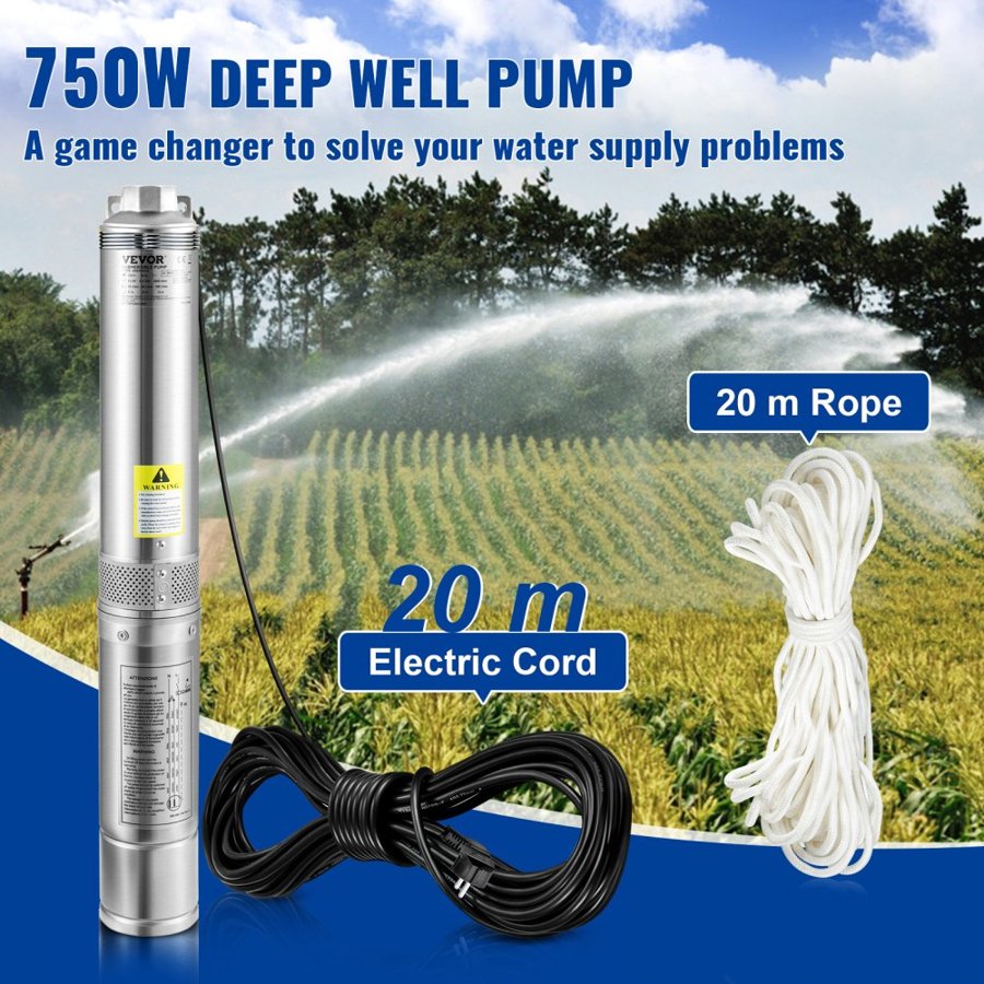 VEVOR Deep Well Submersible Pump, 750W 230V/50Hz, 100L/min 66 m Head Sand Resistant <5%, 20 m Electric Cord, 7.6 cm Stainless Steel Water Pumps for Industrial, Irrigation & Home Use, IP68 Waterproof