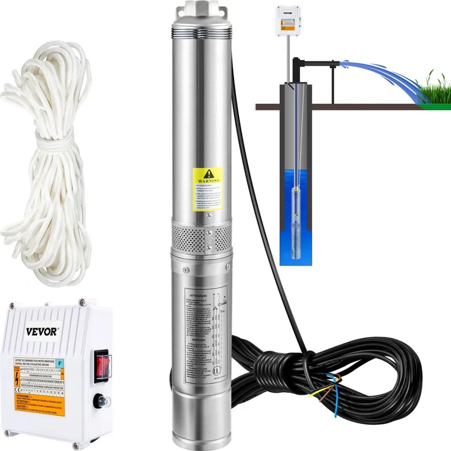 VEVOR Deep Well Submersible Pump, 1100W 230V/50Hz, 190L/min 57 m Head, with 20 m Cord & External Control Box, 10.2 cm Stainless Steel Water Pumps for Industrial, Irrigation & Home Use, IP68 Waterproof