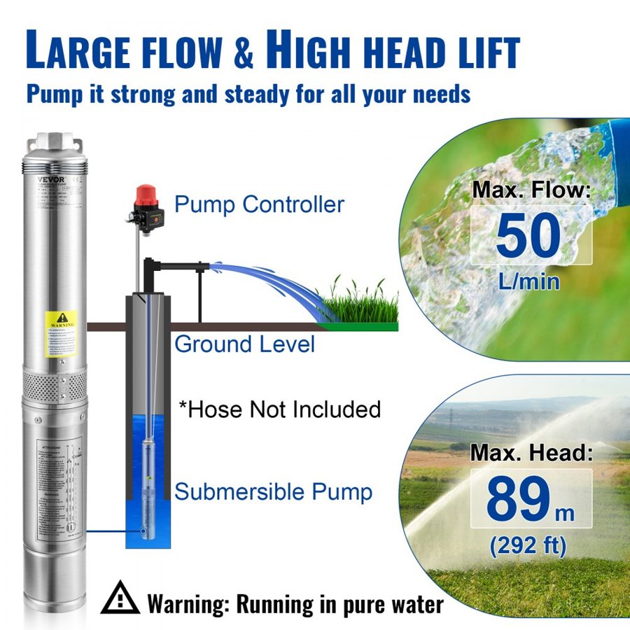 VEVOR Deep Well Submersible Pump, 550W 230V/50Hz, 50L/min 89 m Head, 20 m Cord & Automatic Pressure Switch, 8.2 cm Stainless Steel Water Pumps for Industrial, Irrigation & Home Use, IP68 Waterproof