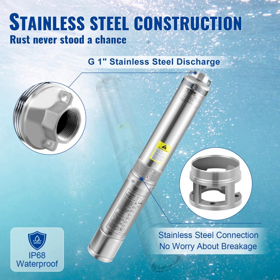 VEVOR Deep Well Submersible Pump, 550W 230V/50Hz, 50L/min 89 m Head, 20 m Cord & Automatic Pressure Switch, 8.2 cm Stainless Steel Water Pumps for Industrial, Irrigation & Home Use, IP68 Waterproof