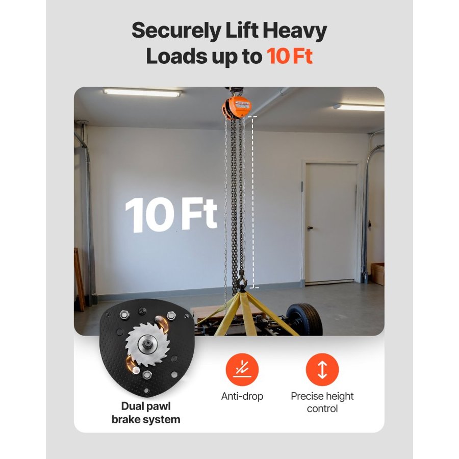 VEVOR Hand Chain Hoist, 1 Ton 2200 lbs Capacity, Manual Chain Block with Upgrade G80 Galvanized Chain, 3 m Lifting Height, Heavy Duty Pulley Hoist for Garage Warehouse Automotive Machinery, Orange