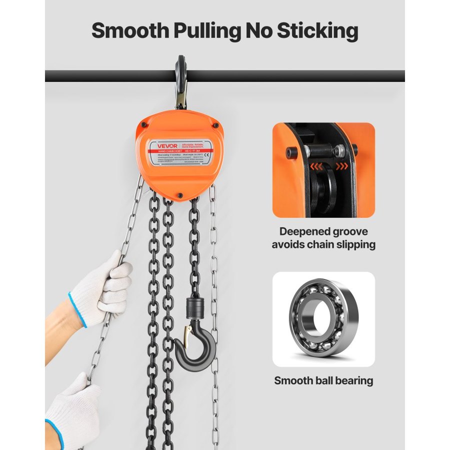 VEVOR Hand Chain Hoist, 1 Ton 2200 lbs Capacity, Manual Chain Block with Upgrade G80 Galvanized Chain, 3 m Lifting Height, Heavy Duty Pulley Hoist for Garage Warehouse Automotive Machinery, Orange