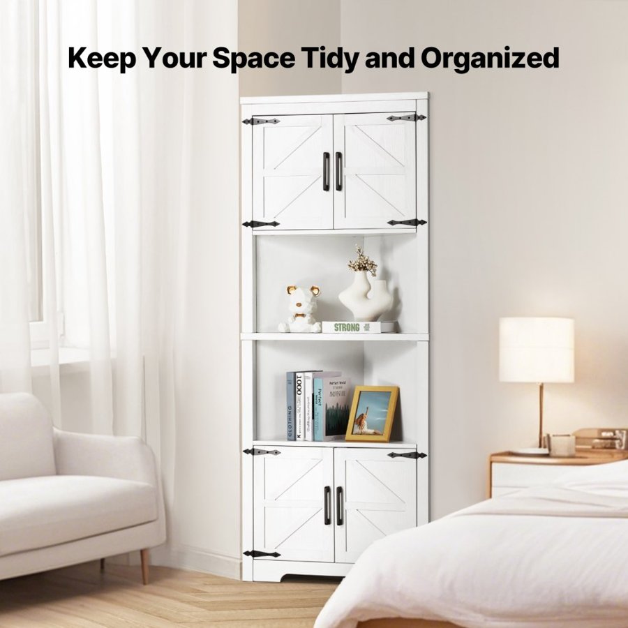 VEVOR 68" Tall Corner Storage Cabinet, 6 Tiers Farmhouse Storage Cabinet with 4 Wooden Doors & Adjustable Shelves, Freestanding Corner Kitchen Cabinet for Living Room, Kitchen, Laundry Room, White