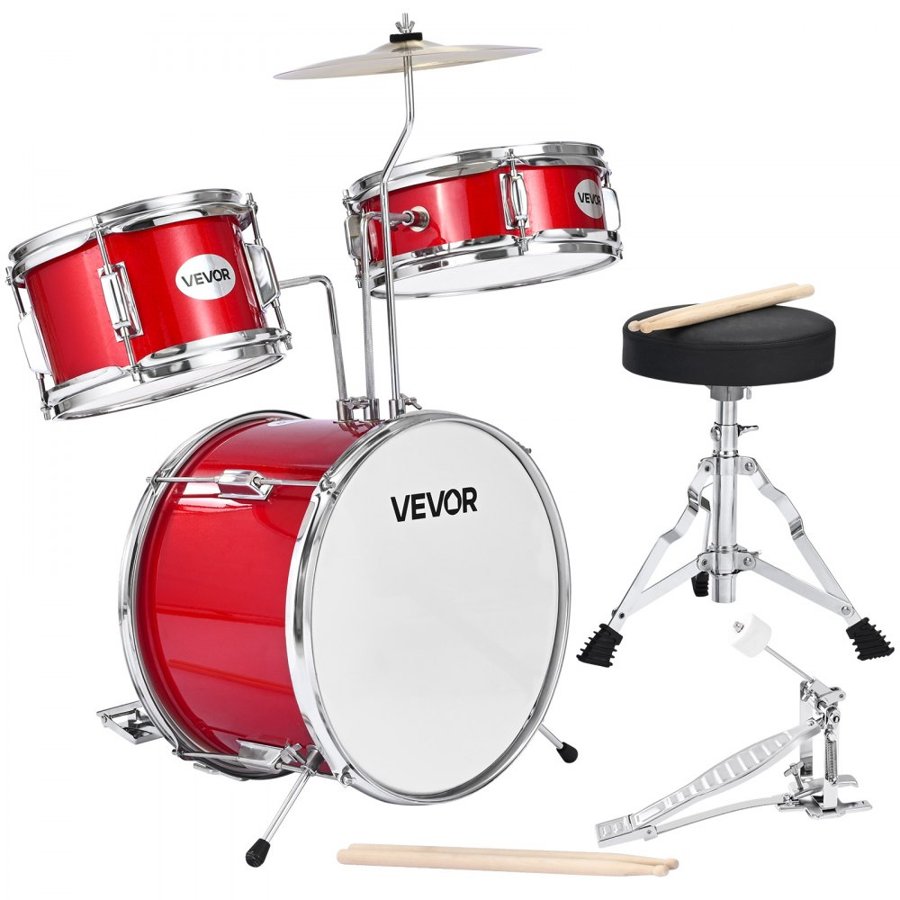 VEVOR Kids Drum Set, 3-Piece 14 in / 355.6 mm Junior Drum Sets, Beginner Drums Set with Adjustable Throne and Two Pairs of Drumsticks, Musical Learning Drums Instruments Kit, for Children Ages 6-13 (Red)