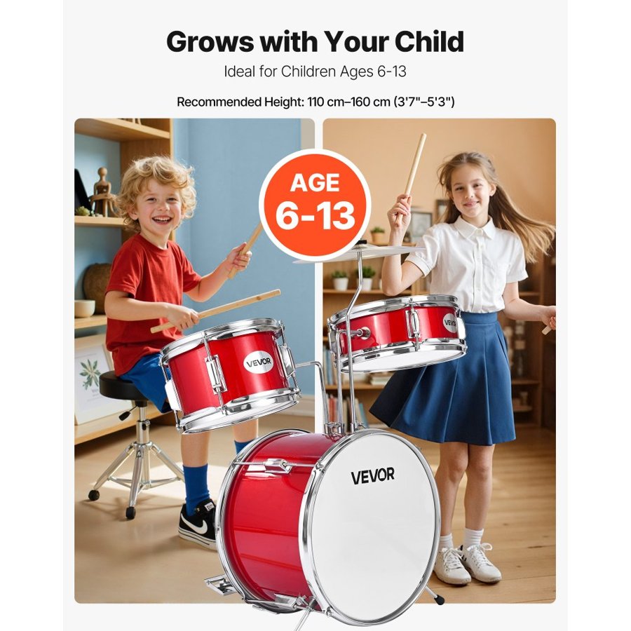 VEVOR Kids Drum Set, 3-Piece 14 in / 355.6 mm Junior Drum Sets, Beginner Drums Set with Adjustable Throne and Two Pairs of Drumsticks, Musical Learning Drums Instruments Kit, for Children Ages 6-13 (Red)