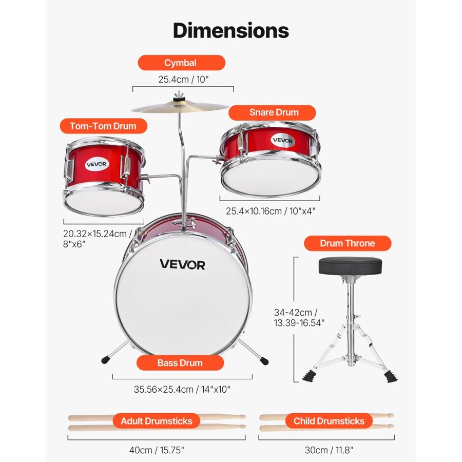 VEVOR Kids Drum Set, 3-Piece 14 in / 355.6 mm Junior Drum Sets, Beginner Drums Set with Adjustable Throne and Two Pairs of Drumsticks, Musical Learning Drums Instruments Kit, for Children Ages 6-13 (Red)