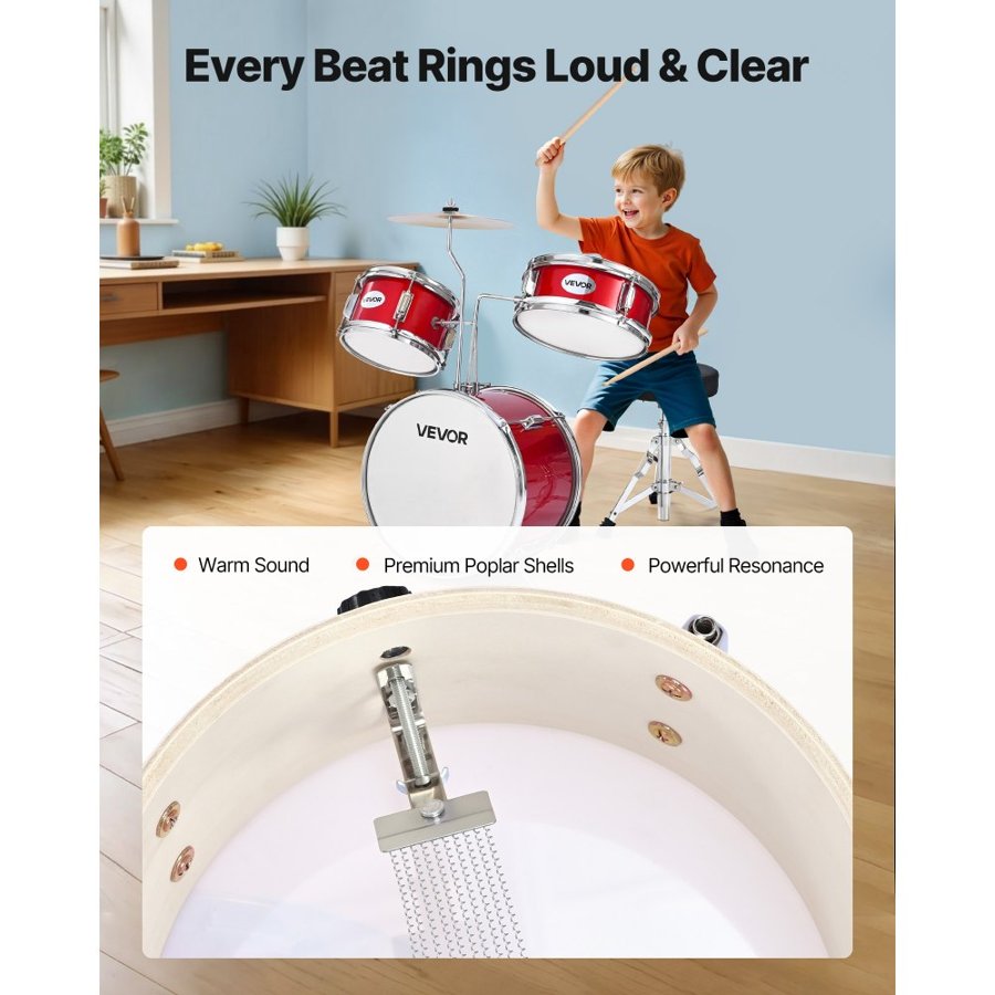 VEVOR Kids Drum Set, 3-Piece 14 in / 355.6 mm Junior Drum Sets, Beginner Drums Set with Adjustable Throne and Two Pairs of Drumsticks, Musical Learning Drums Instruments Kit, for Children Ages 6-13 (Red)