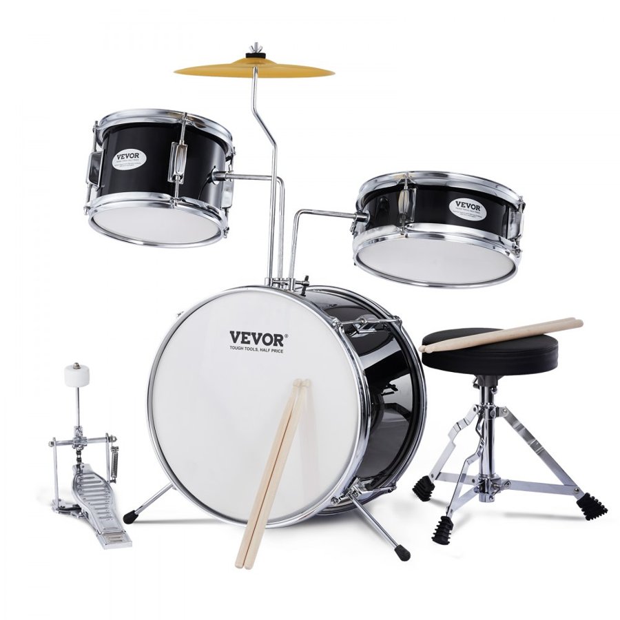 VEVOR Kids Drum Set, 3-Piece, 14 in Beginner Drum Set with Adjustable Throne Cymbal Pedal Two Pairs of Drumsticks, 8" Tom Drum 10" Snare Drum 14" Bass Drum, Starter Drum Kit for Child Kids, Black